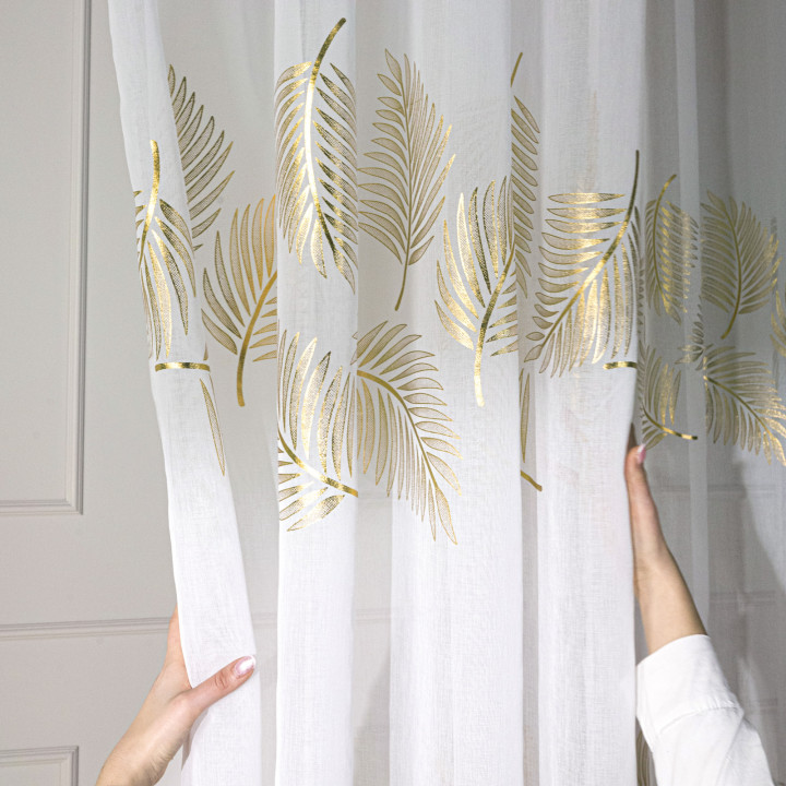 MARIETTA Firanka gotowa na taśmie z etaminy 140x250 cm, offwhite ze złotym-szampańskim