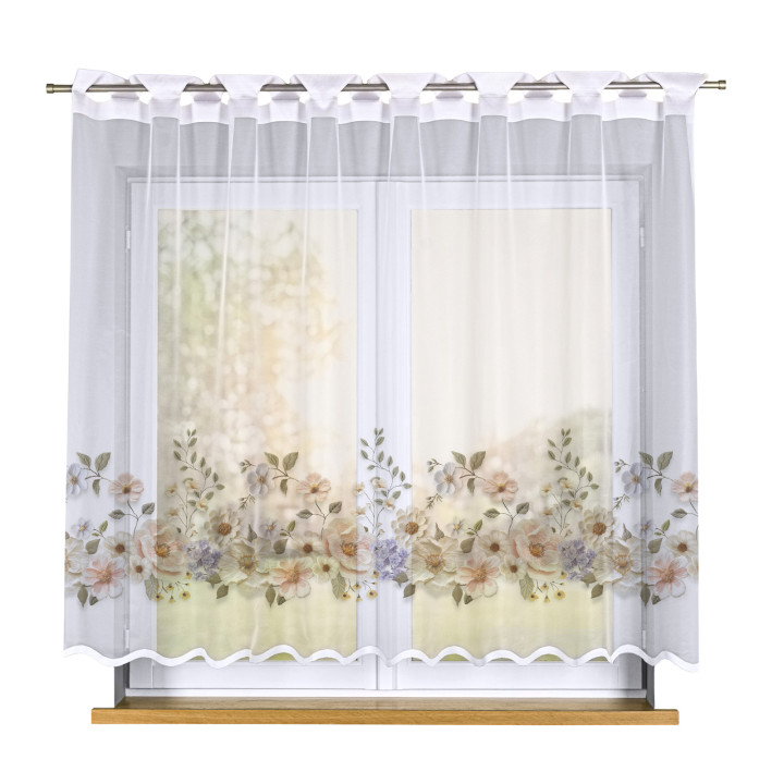 KWIATY Z EFEKTEM WYSZYWANIA Biała firanka gotowa żakardowa 250x160 cm